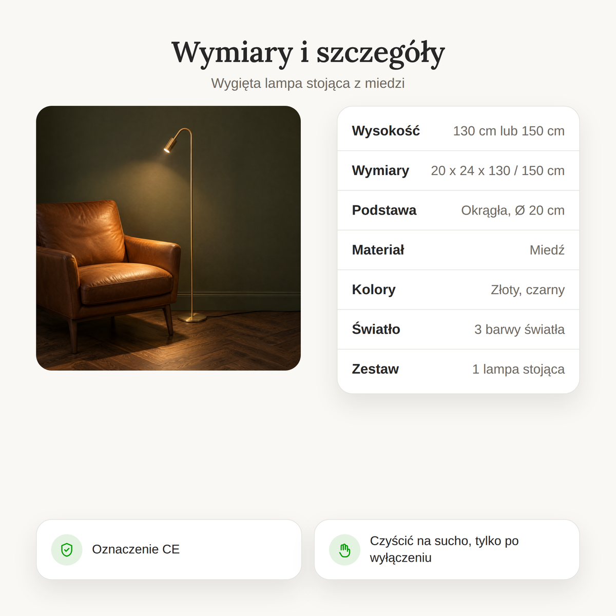 Wymiary i szczegóły lampy stojącej z miedzi: wysokość 130 lub 150 cm, podstawa Ø 20 cm, złota lub czarna
