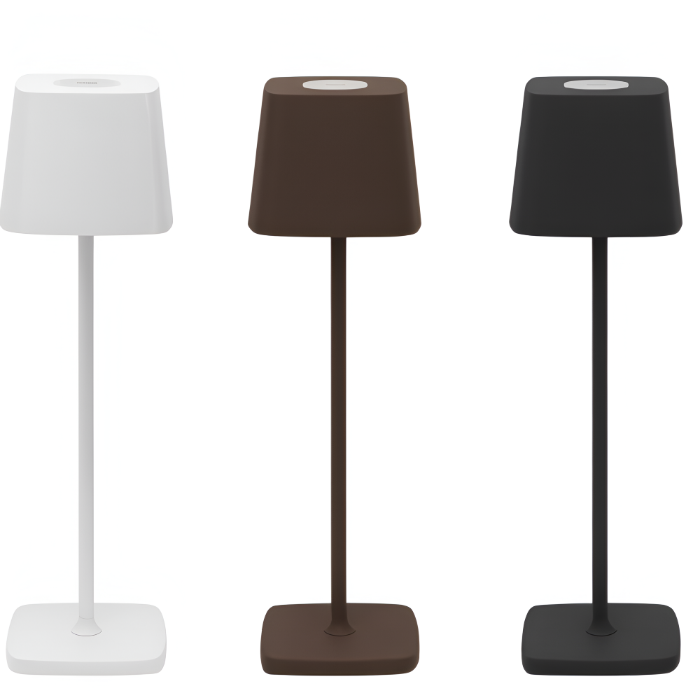 Bezprzewodowa lampa stołowa w bieli, brązie i czerni obok siebie