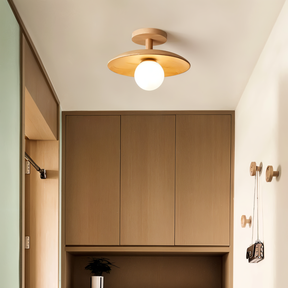 Lampa sufitowa nad przedpokojem z drewnianą szafką i wieszakami