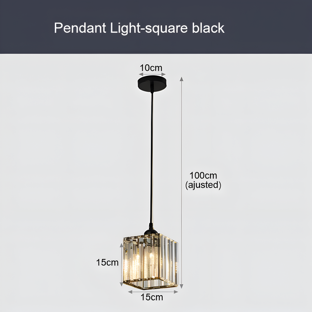 Rysunek wymiarowy kwadratowej czarnej lampy – klosz 15 cm, przewód 100 cm