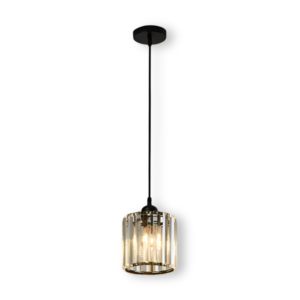Okrągła czarna lampa wisząca z kryształowym kloszem na białym tle