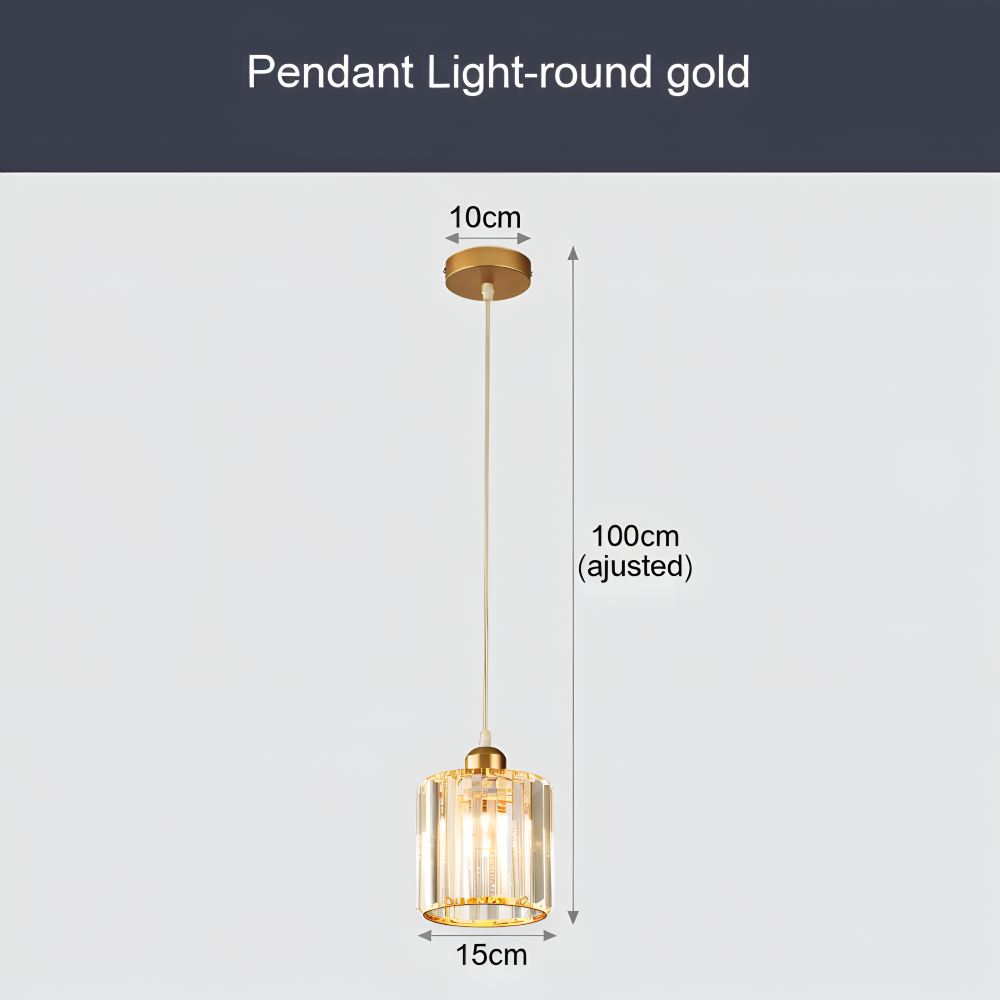 Rysunek wymiarowy okrągłej złotej lampy – klosz 15 cm, przewód 100 cm