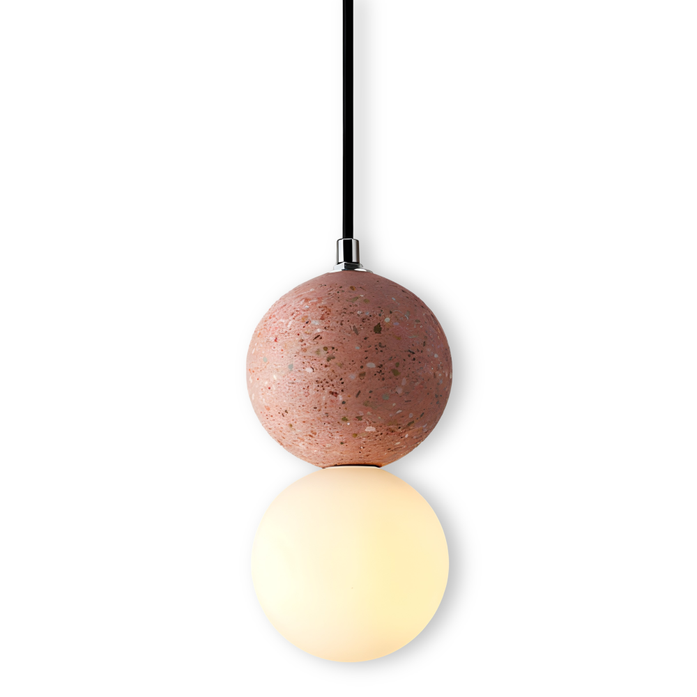 Lampa wisząca w kolorze różowym z kulą z lastryko i szklanym kloszem