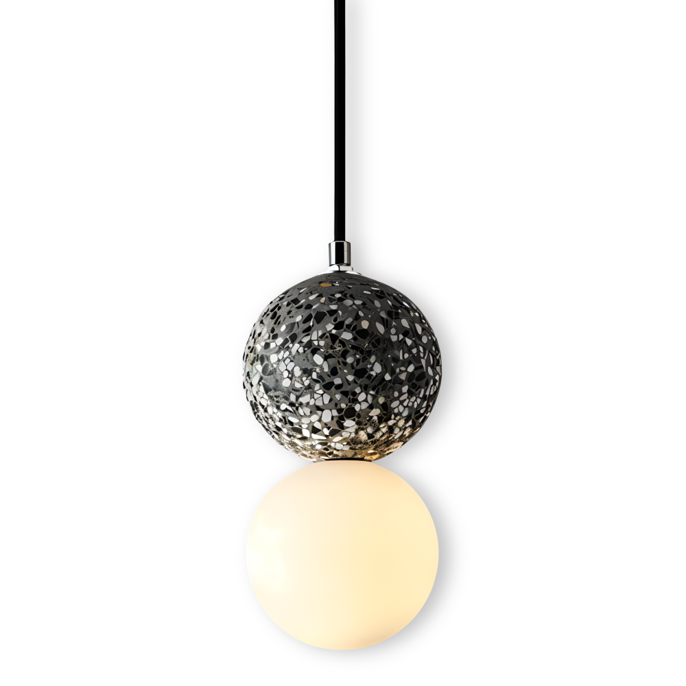 Lampa wisząca w kolorze szarym z ciemną kulą z lastryko i kloszem