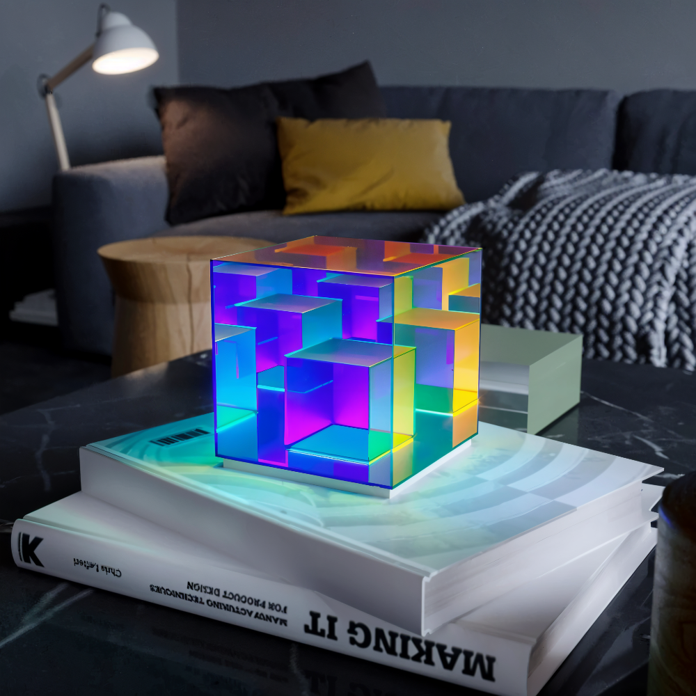 Lampka nocna 3D na stosie książek w salonie obok kanapy