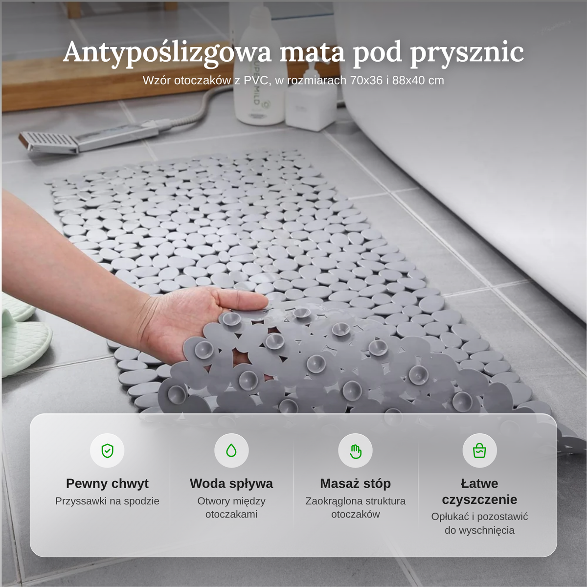 Zestawienie cech maty pod prysznic: pewny chwyt, odpływ wody, masaż stóp i łatwe czyszczenie