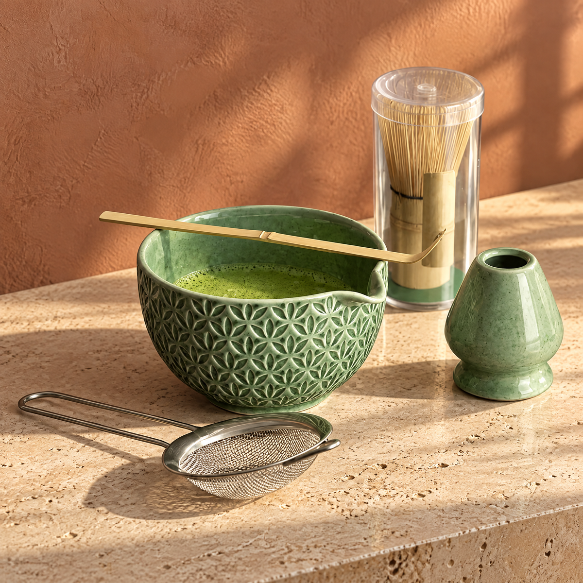 Zestaw do matchy 5 elementów: ceramiczna miska z dzióbkiem, miotełka, podstawka, łyżeczka i sitko