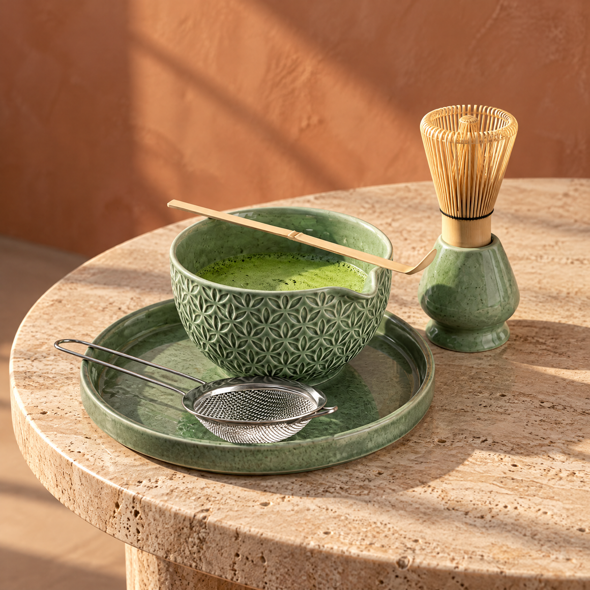 Zestaw do matchy 6 elementów z ceramicznym talerzem na trawertynowym stoliku
