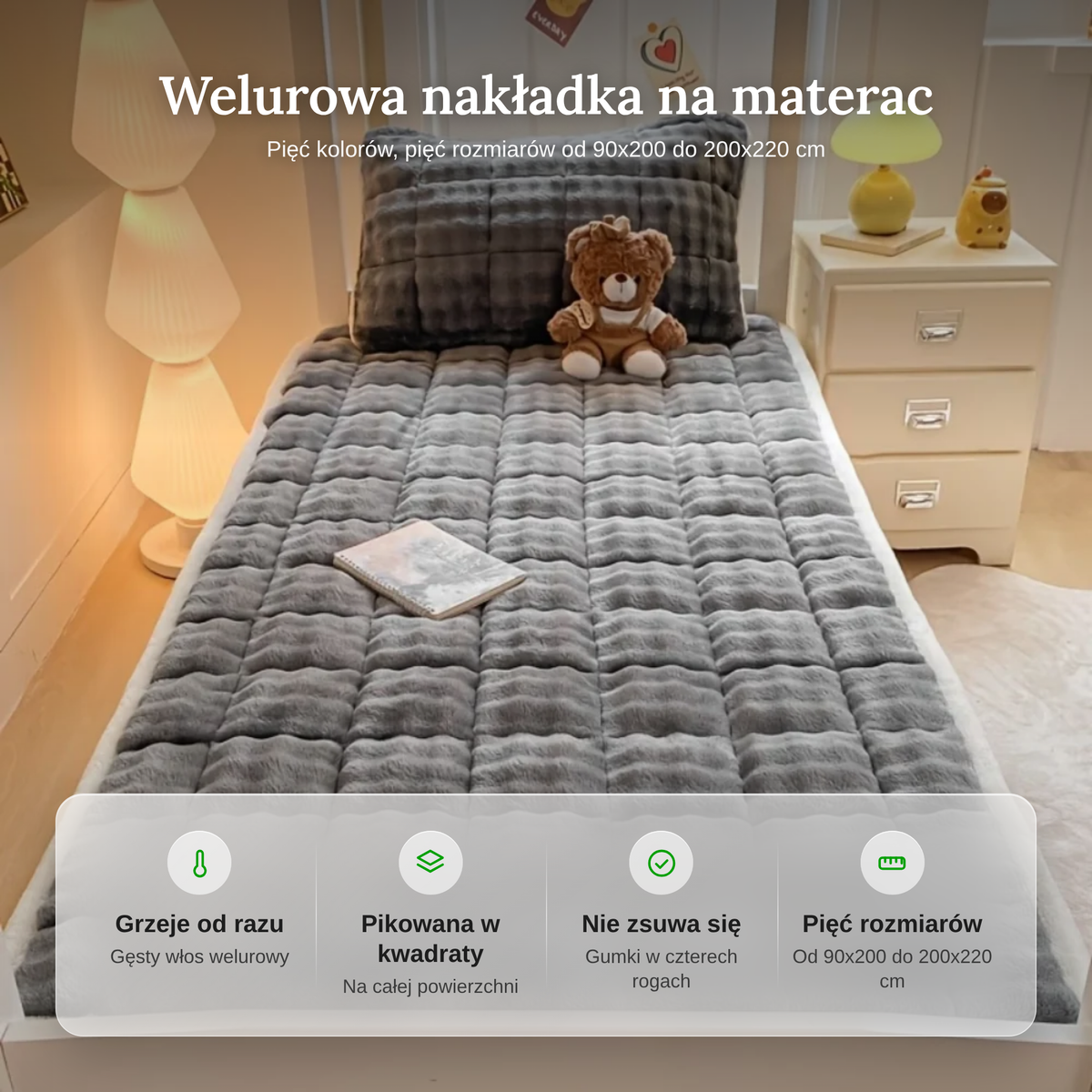 Cechy welurowej nakładki na materac: ciepło, pikowanie, gumki, pięć rozmiarów