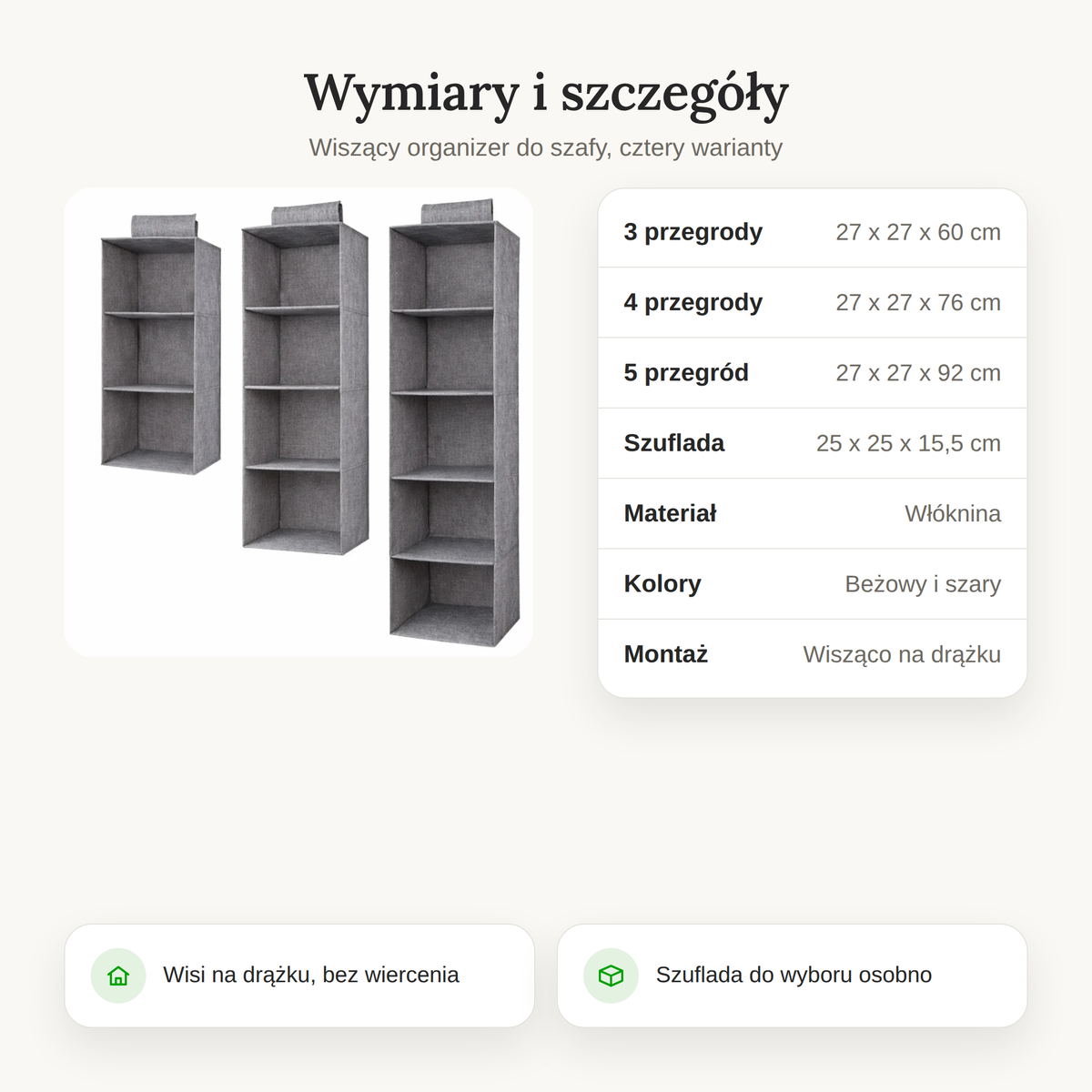 Tabela wymiarów organizera do szafy z 3, 4 i 5 przegrodami oraz pasującą szufladą