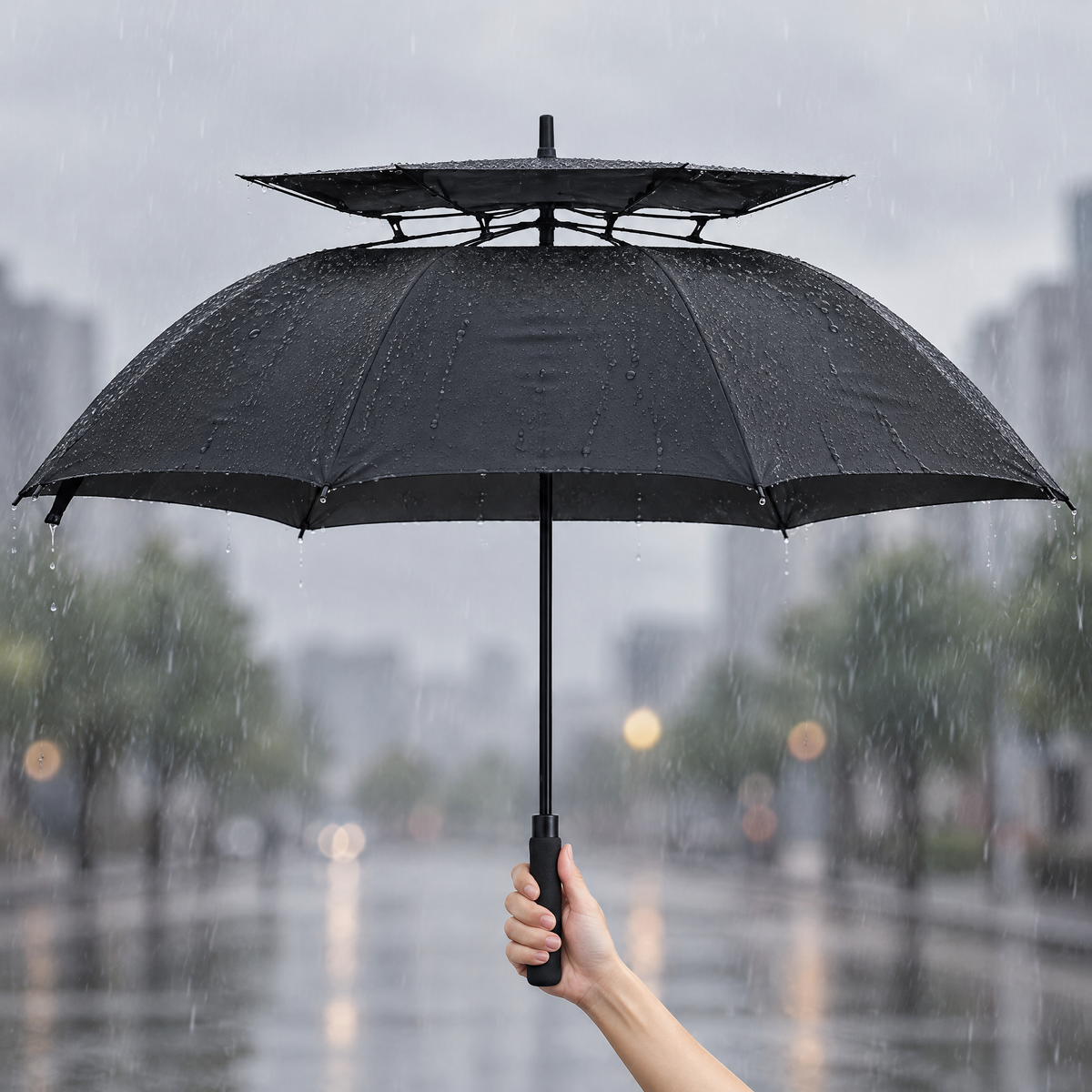 Duży parasol automatyczny w kolorze czarnym z wentylowaną podwójną czaszą, otwarty w deszczu