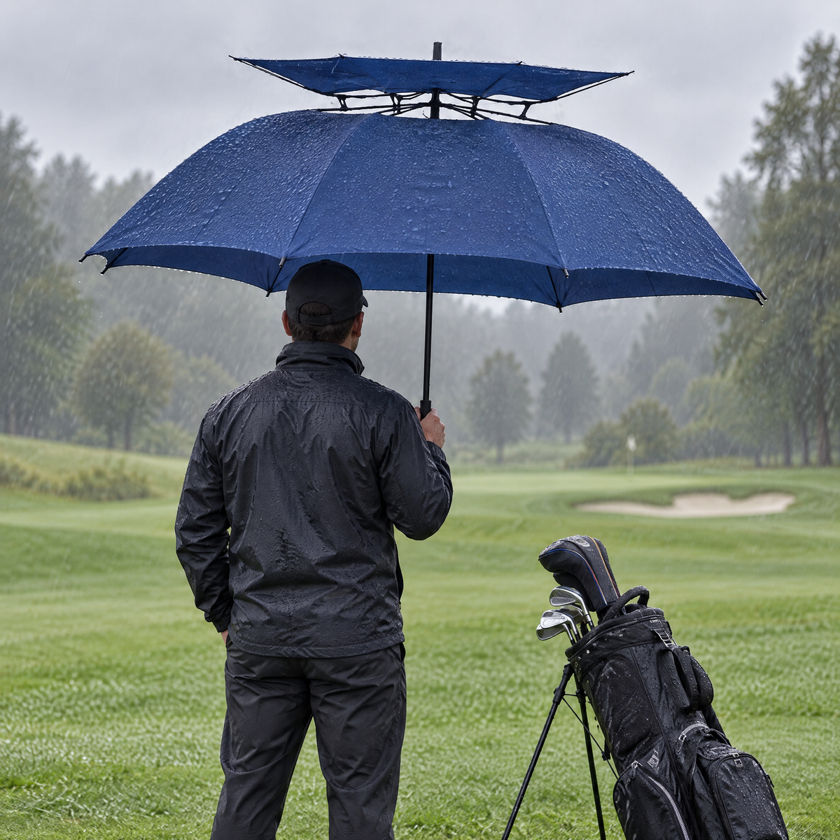 Parasol golfowy w kolorze granatowym z podwójną czaszą na polu golfowym w mżawce