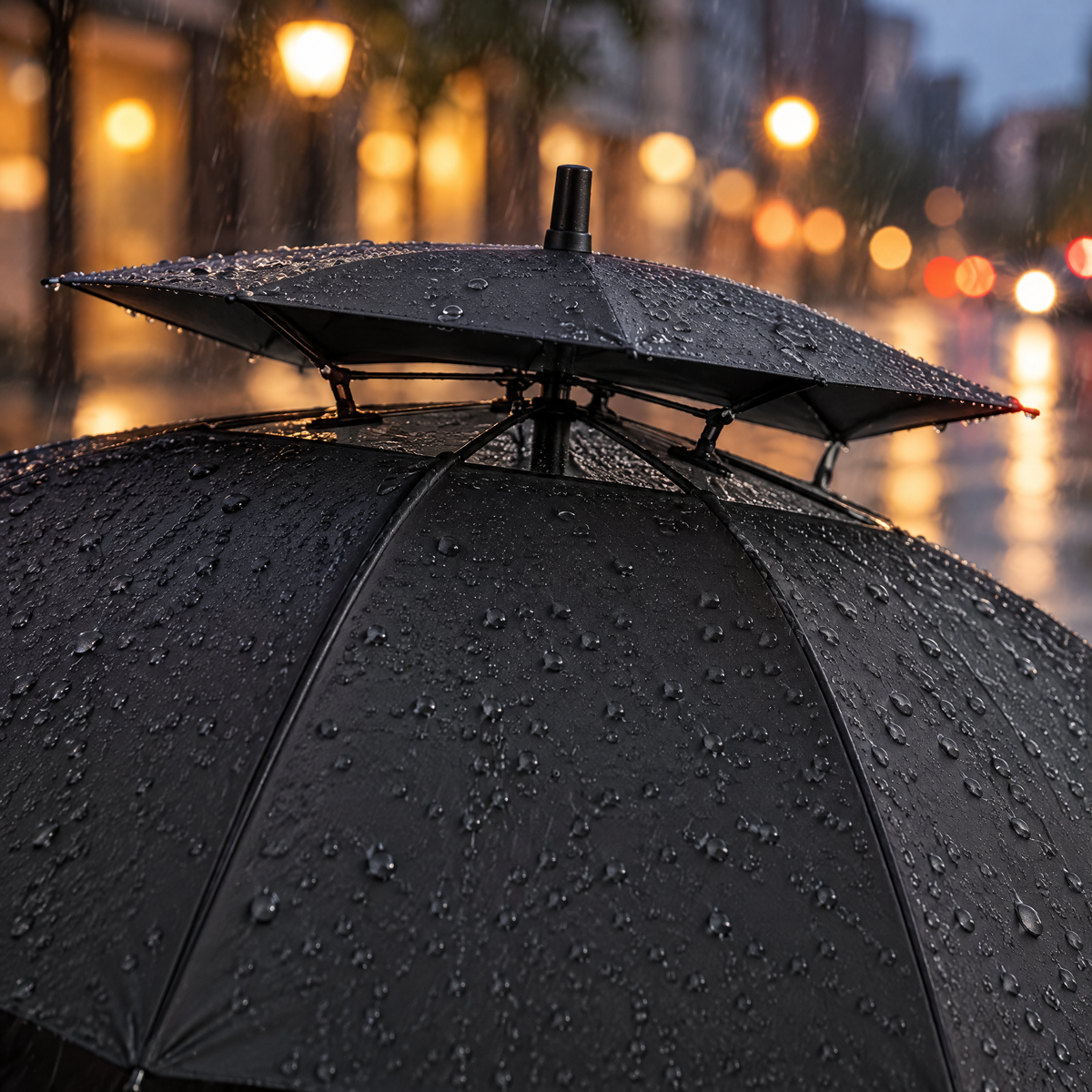 Zbliżenie wentylowanej podwójnej czaszy czarnego parasola z kroplami deszczu