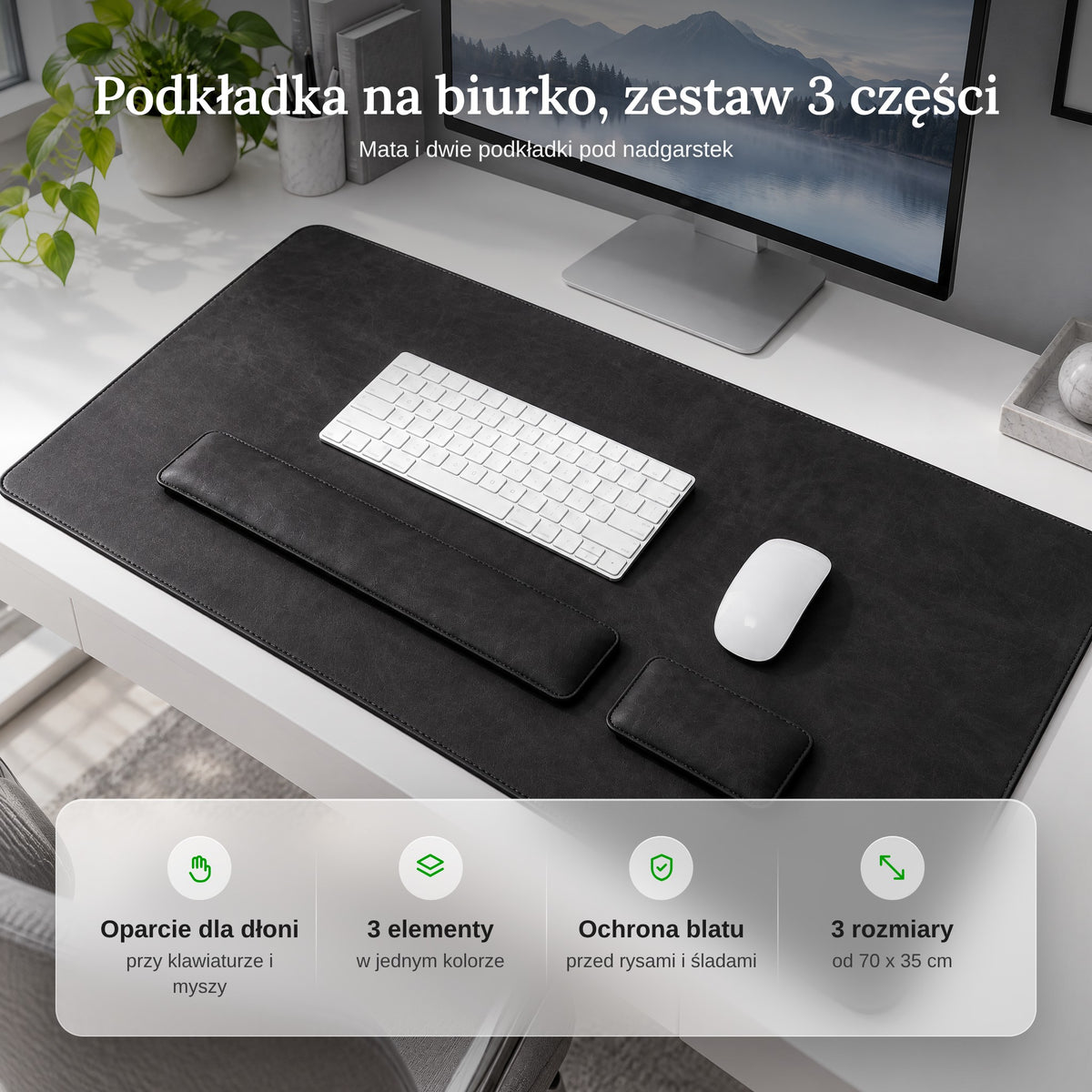 Zalety zestawu podkładek na biurko: oparcie dla dłoni, 3 elementy, ochrona blatu, 3 rozmiary