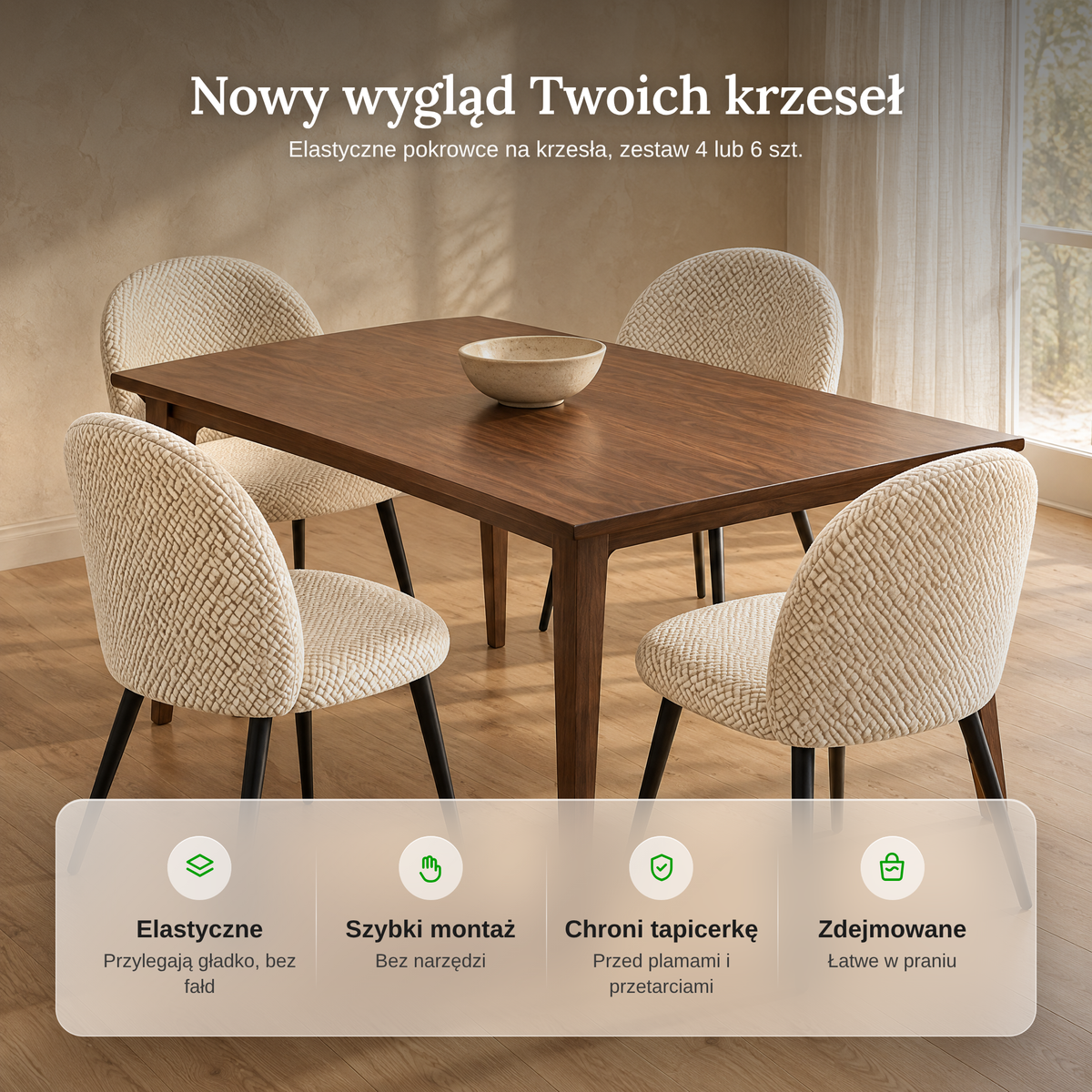 Zalety elastycznych pokrowców na krzesła: tkanina stretch, szybki montaż, ochrona tapicerki, zdejmowane