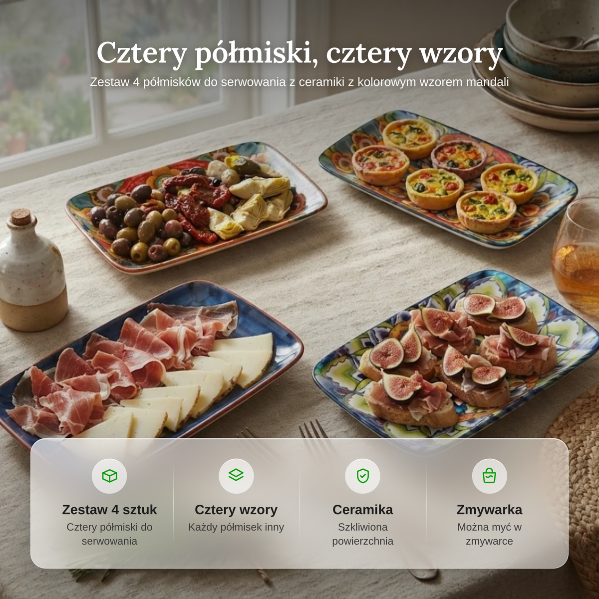 Zestawienie cech półmisków do serwowania: zestaw 4 sztuk, cztery wzory, ceramika i mycie w zmywarce