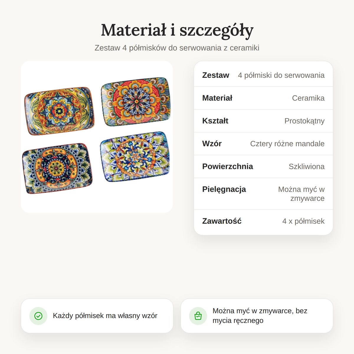 Szczegóły półmisków do serwowania z ceramiki z czterema różnymi wzorami mandali