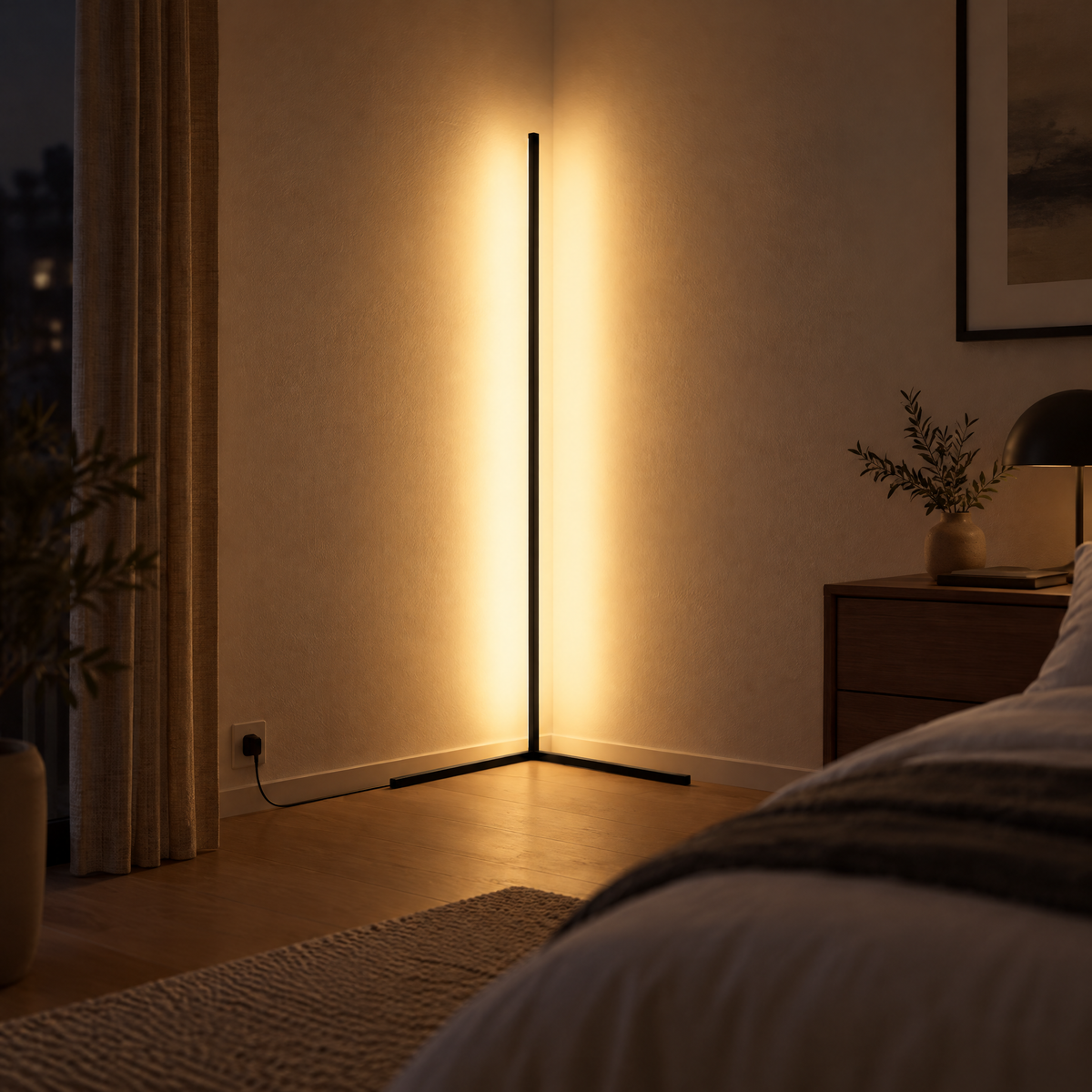 Czarna lampa narożna LED świeci ciepłym światłem w rogu sypialni, kabel USB prowadzi do gniazdka