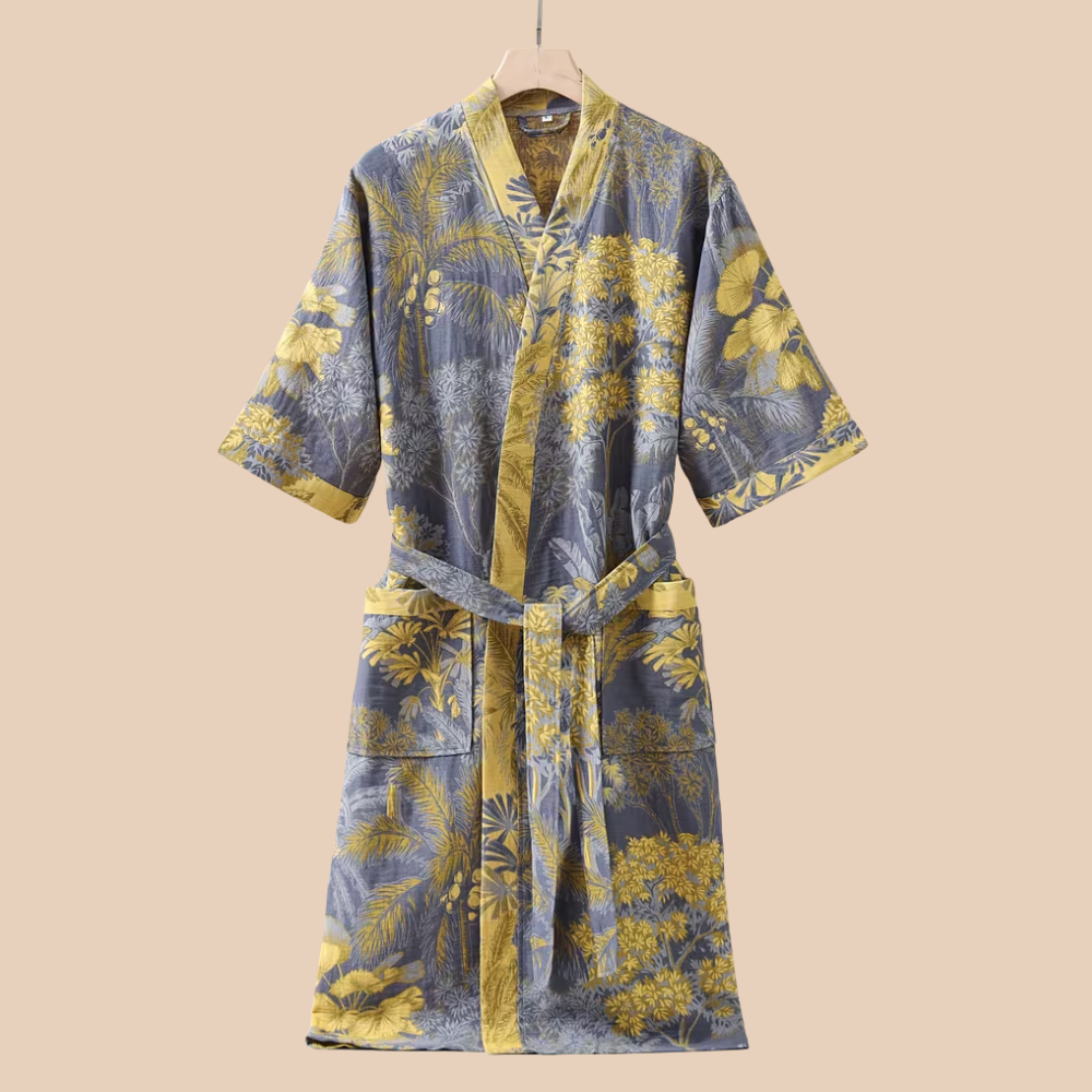 Szlafrok kimono z bawełnianej gazy, wzór leśna kraina szara
