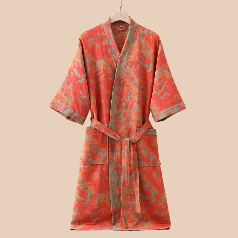 Szlafrok kimono z gazy, wzór taniec motyli pomarańczowy