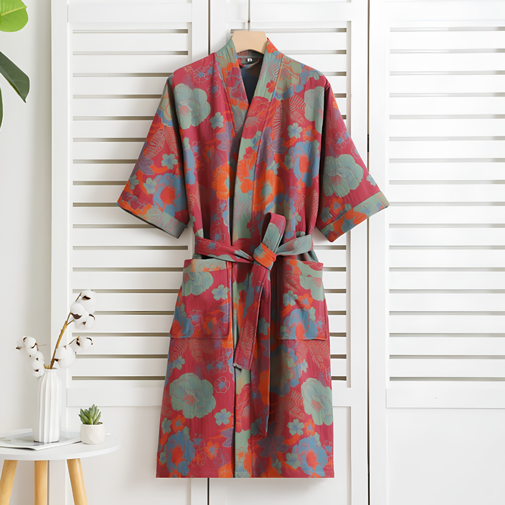 Czerwony szlafrok damski kimono w kwiaty
