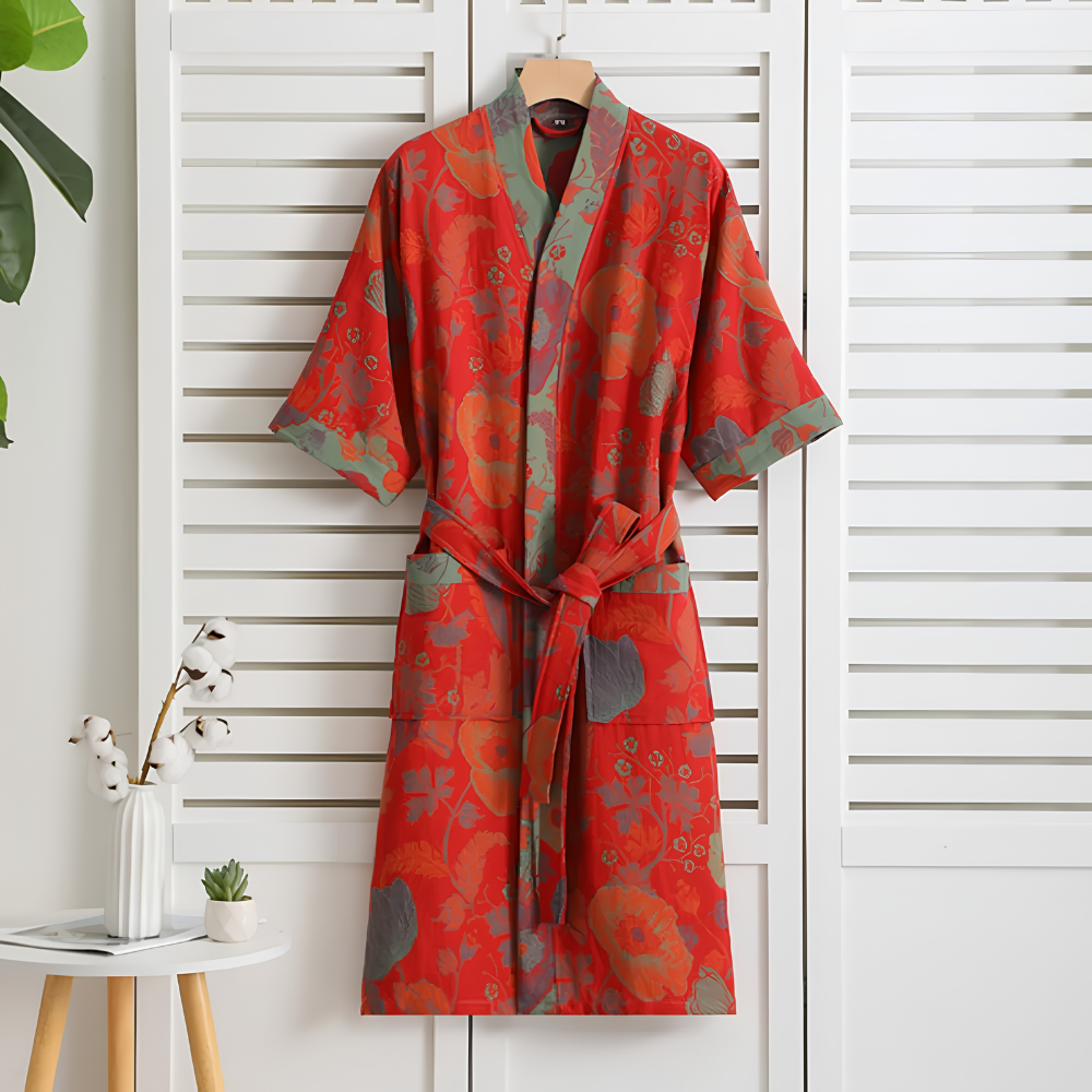 Pomarańczowy szlafrok damski kimono w kwiaty