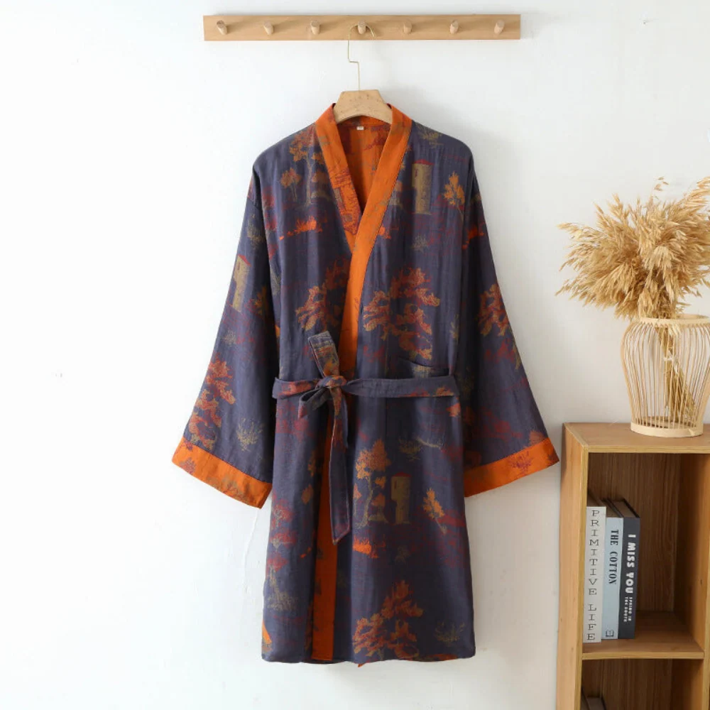 Szlafrok kimono bawełniany w kolorze szaro-fioletowym z pomarańczem