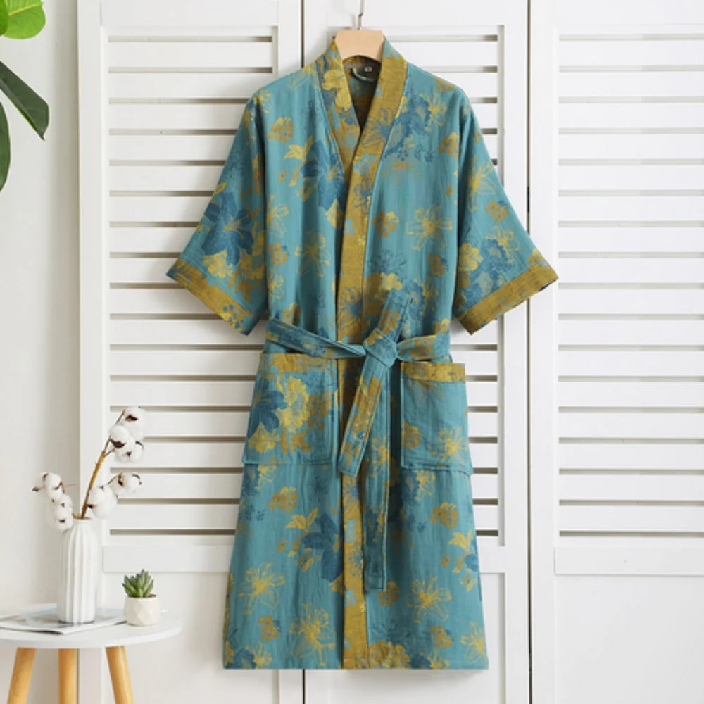 Zielony szlafrok damski kimono w kwiaty