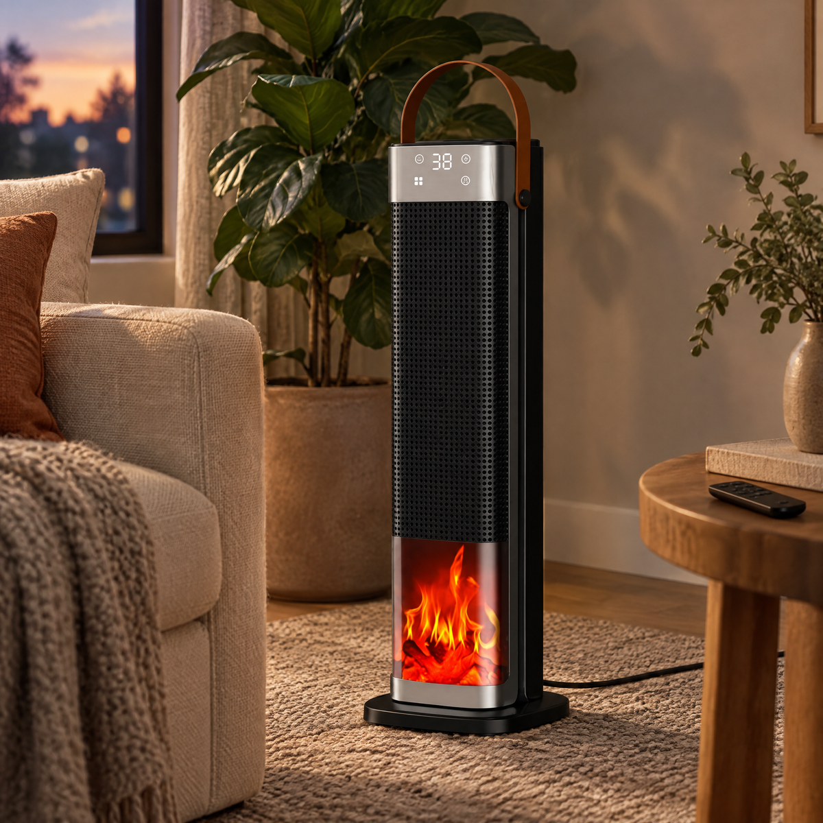 Czarny termowentylator kolumnowy z efektem płomienia w rogu salonu