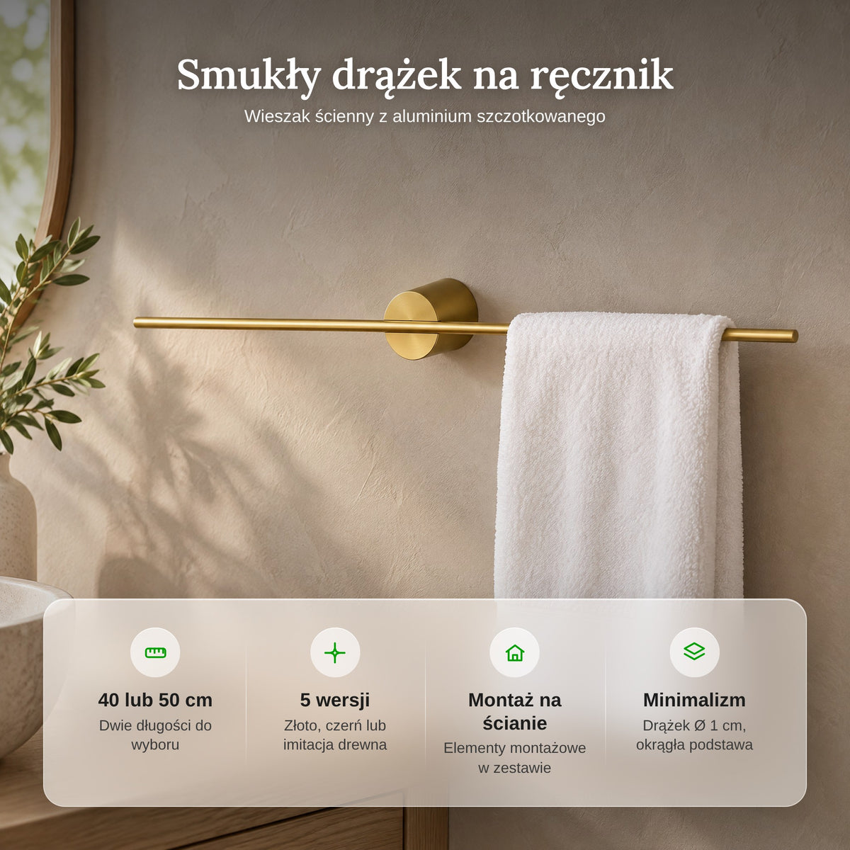 Zalety wieszaka na ręcznik: 40 lub 50 cm, 5 wersji, montaż na ścianie