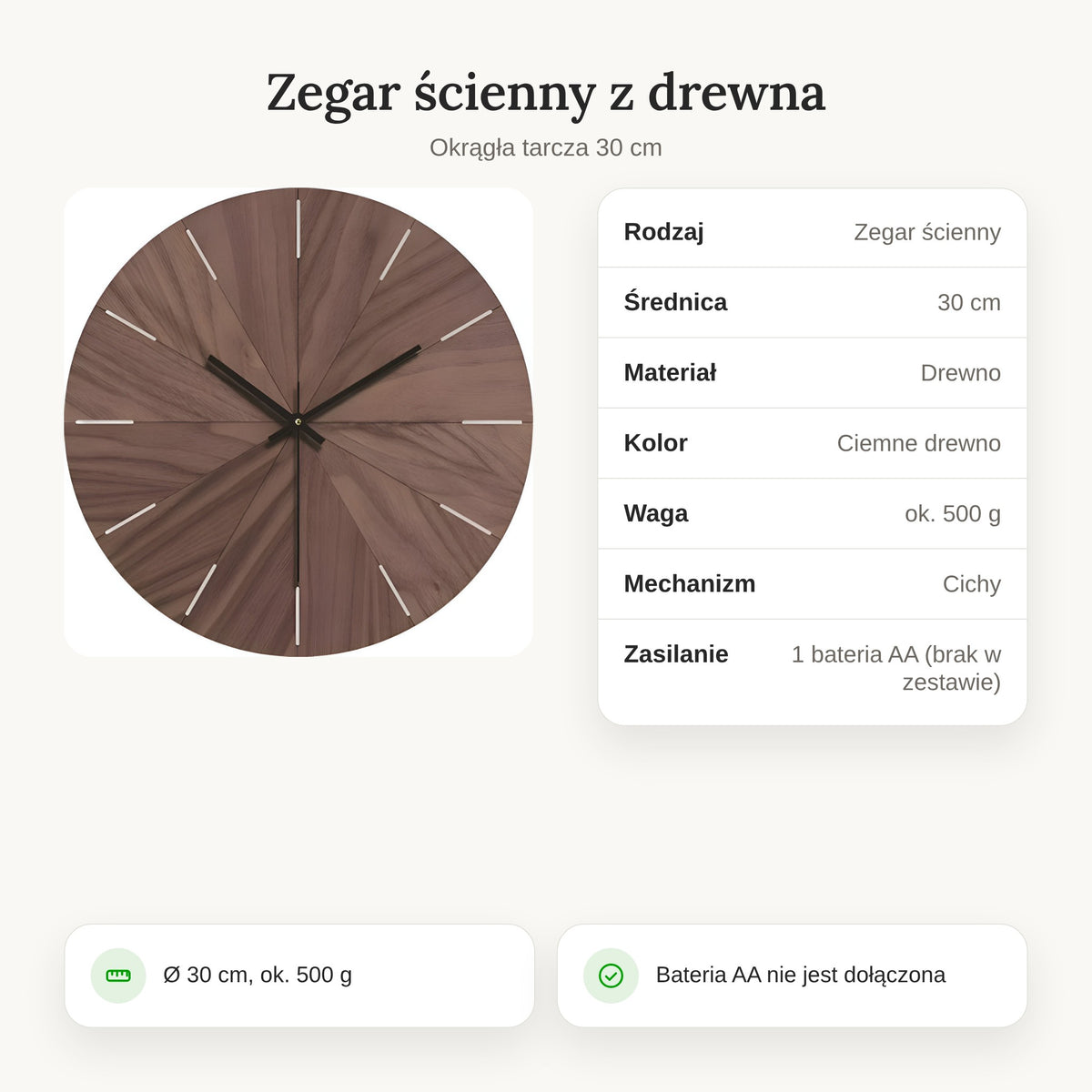 Specyfikacja drewnianego zegara ściennego 30 cm