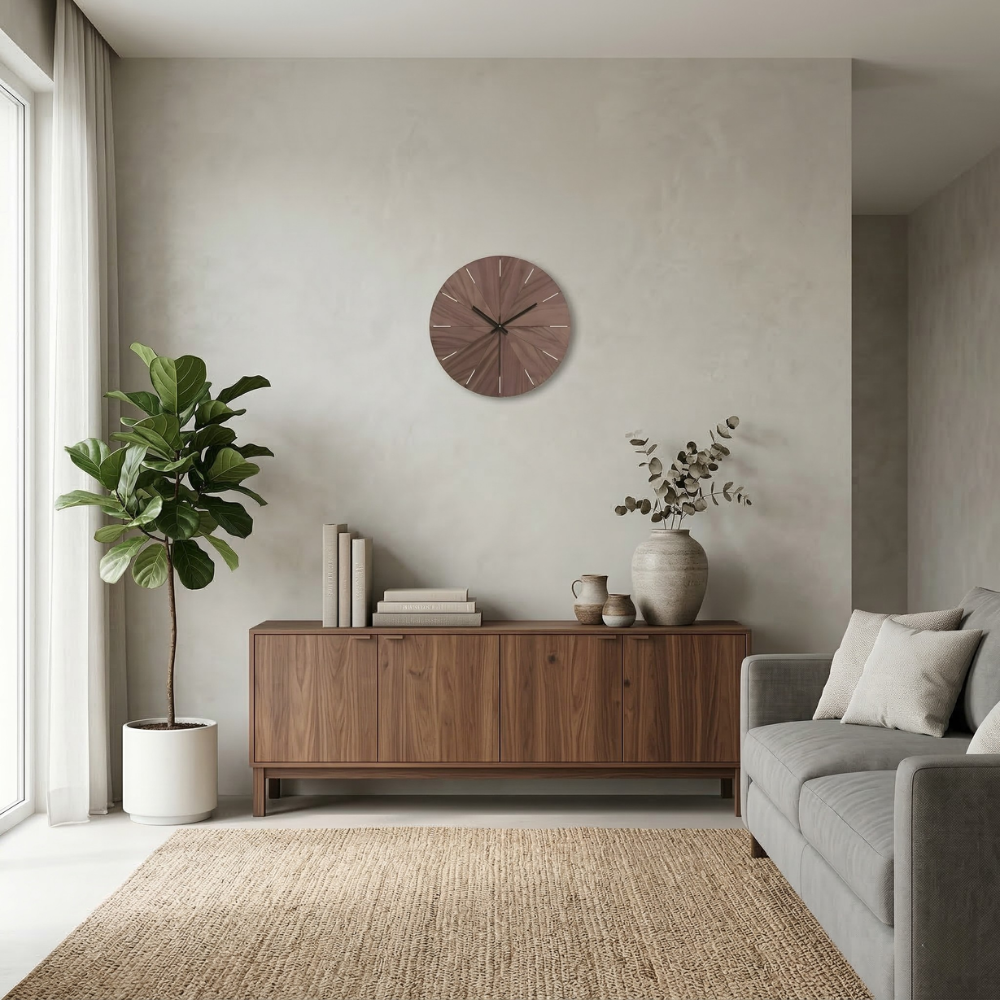 Drewniany zegar ścienny w minimalistycznym salonie