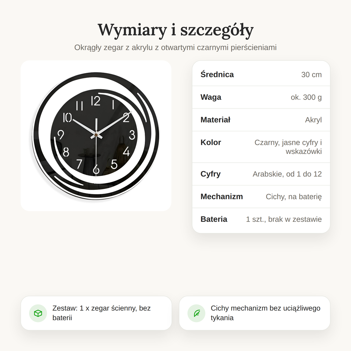 Wymiary zegara ściennego z akrylu: średnica 30 cm, ok. 300 g, bateria nie jest w zestawie