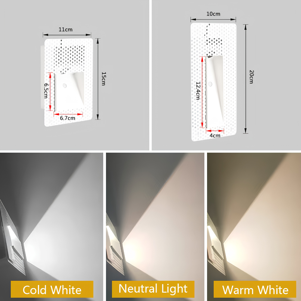 Wymiary lampy schodowej 150 x 110 mm i 200 x 100 mm oraz trzy barwy światła