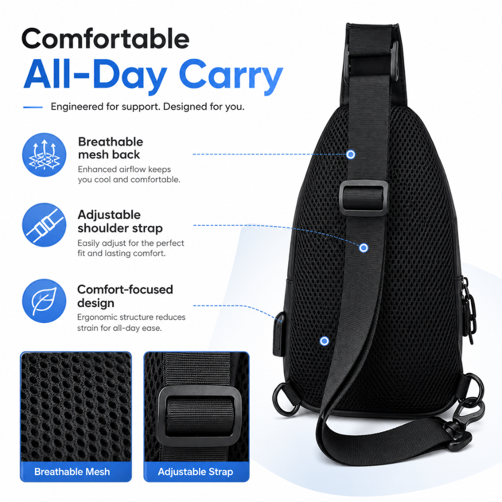Torba Crossbody Sling na Ramię – Lekka Wodoodporna Saszetka z Regulowanym Paskiem do Podróży