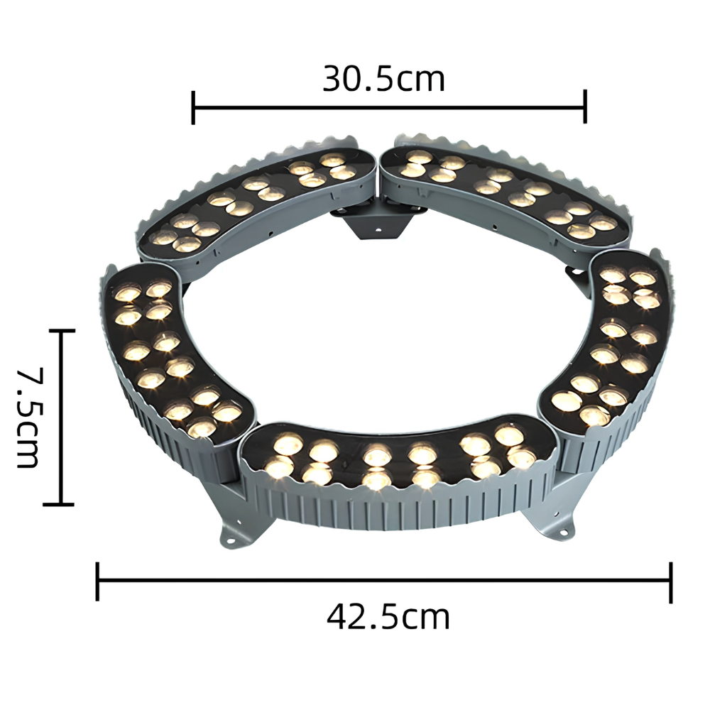 Rysunek wymiarowy reflektora ogrodowego LED o średnicy 42,5 cm i wysokości 7,5 cm