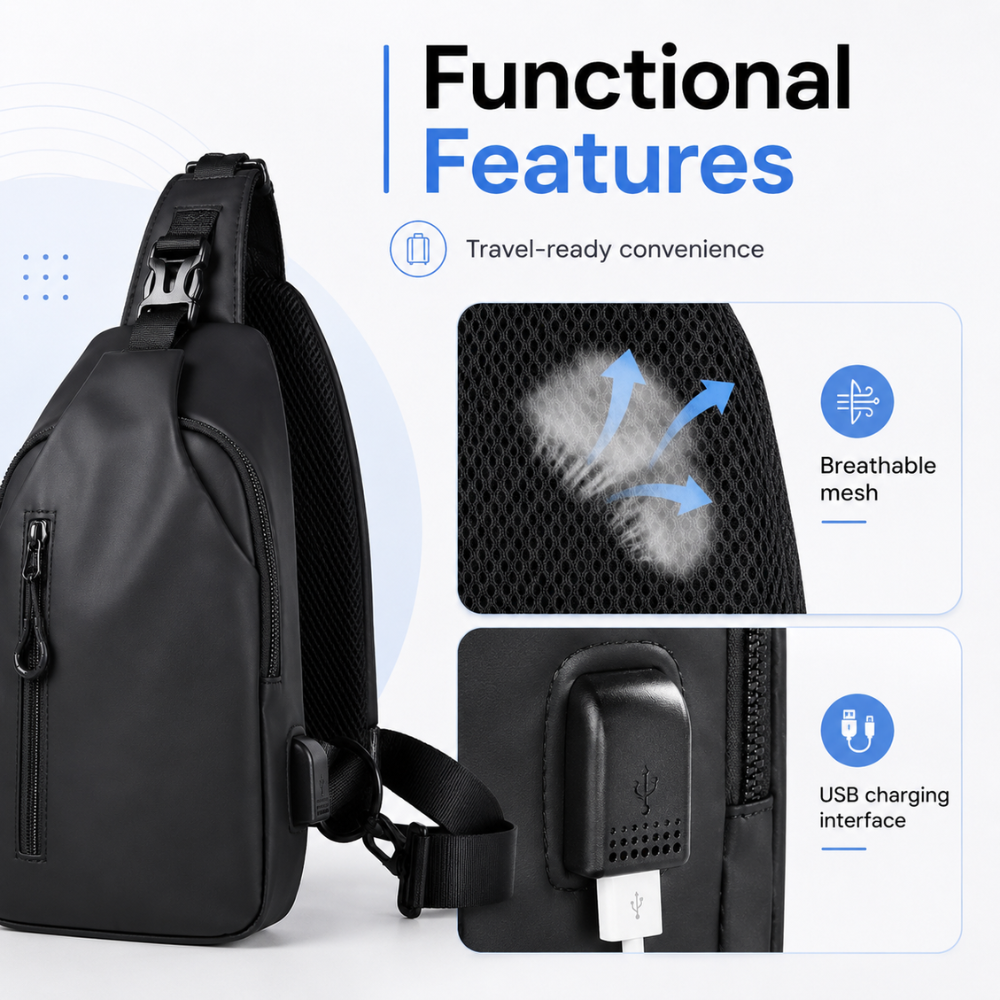 Torba Crossbody Sling na Ramię – Lekka Wodoodporna Saszetka z Regulowanym Paskiem do Podróży
