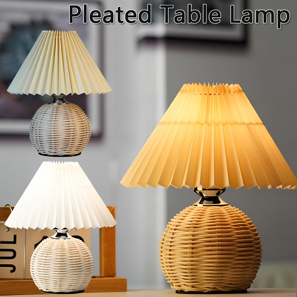 Rattanowa Lampka Stołowa z Plisowanym Kloszem – Retro Lampka Nocna do Sypialni i Salonu