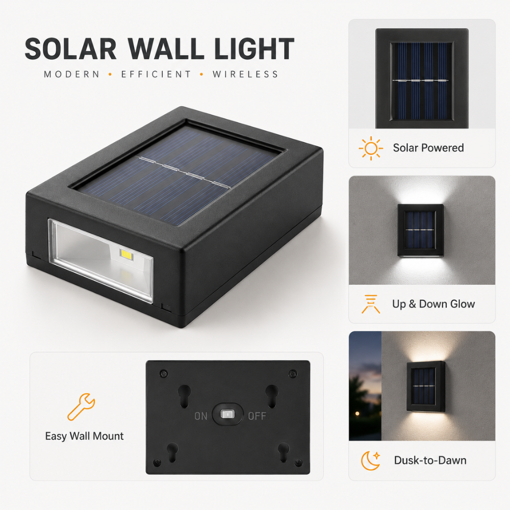 Solarna Lampa Ścienna LED – Zewnętrzny Kinkiet Ogrodowy z Podwójną Wiązką Światła