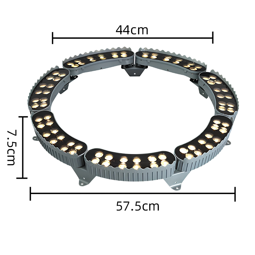 Rysunek wymiarowy reflektora ogrodowego LED o średnicy 57,5 cm i wysokości 7,5 cm