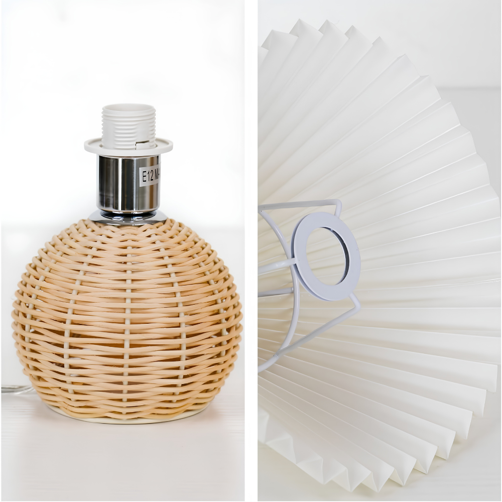 Rattanowa Lampka Stołowa z Plisowanym Kloszem – Retro Lampka Nocna do Sypialni i Salonu