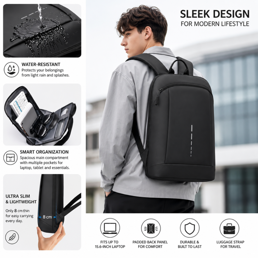 Plecak na laptopa smukły 42 × 29 × 8 cm – wodoodporny plecak biznesowy z PVC z wieloma kieszeniami