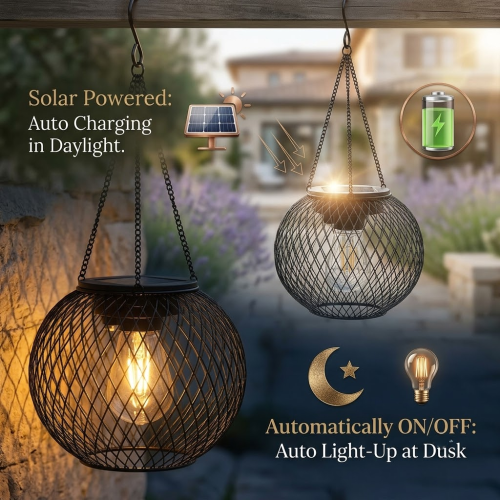Solarna Lampa Wisząca Ogrodowa LED – Wodoodporny Lampion Solarny do Zawieszenia na Taras, Balkon i Ogród