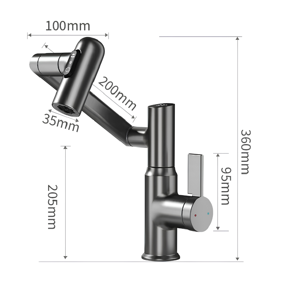 Wymiary baterii kuchennej: 360 mm wysokości, ramię 200 mm, głowica wylewki 100 mm