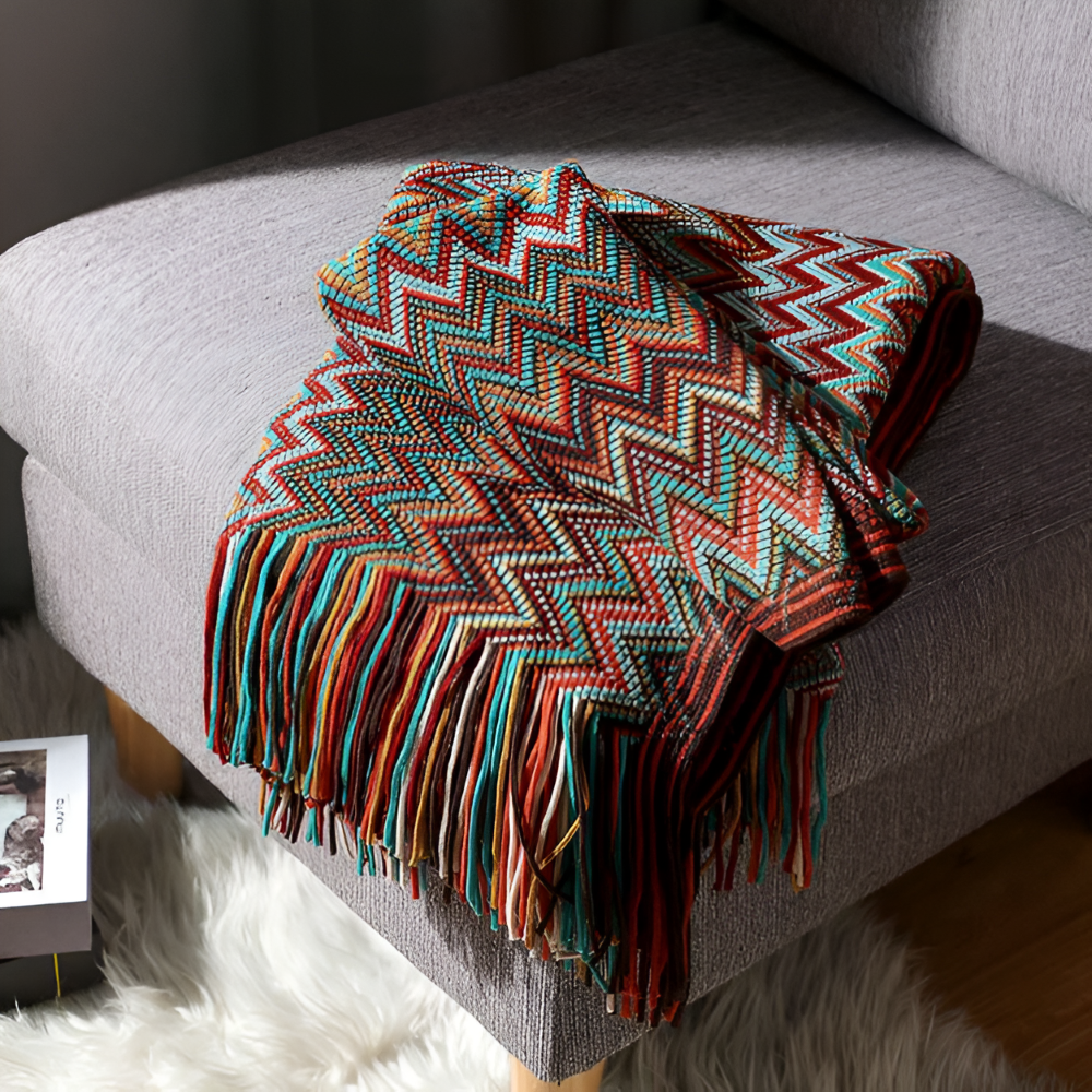 Koc akrylowy z frędzlami 130x170 lub 130x230 cm – dziergany koc boho w zygzak, 3 kolory