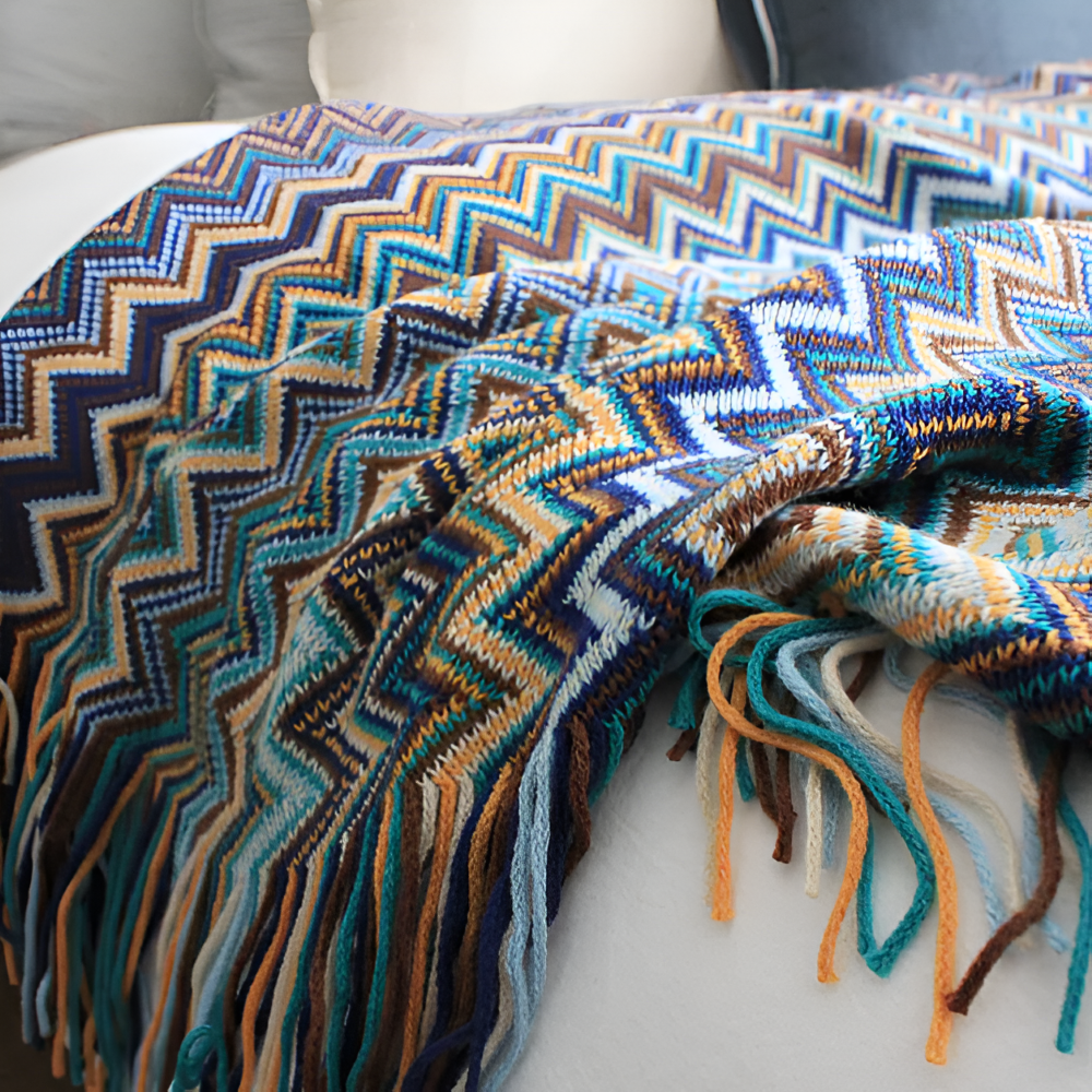 Koc akrylowy z frędzlami 130x170 lub 130x230 cm – dziergany koc boho w zygzak, 3 kolory