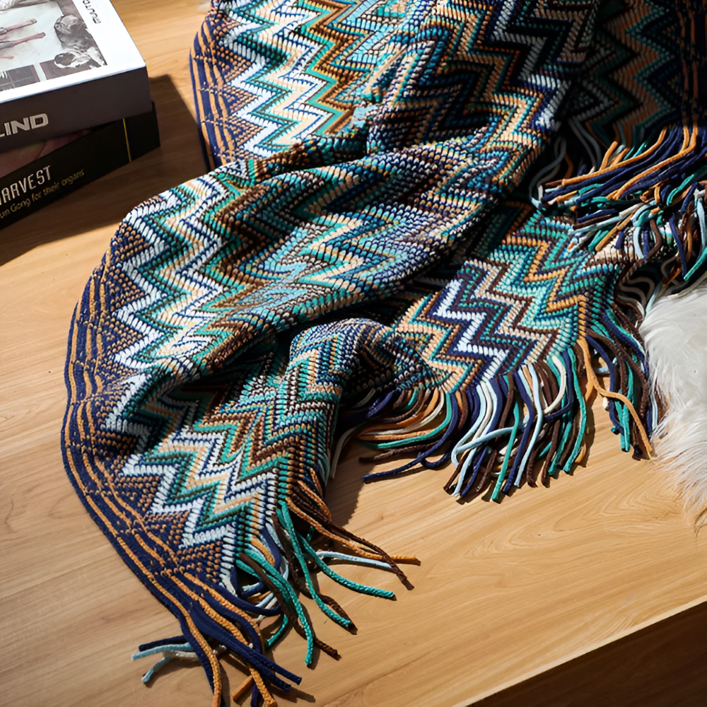 Koc akrylowy z frędzlami 130x170 lub 130x230 cm – dziergany koc boho w zygzak, 3 kolory