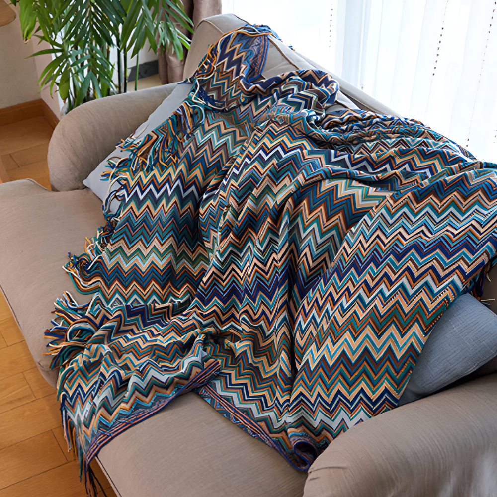 Koc akrylowy z frędzlami 130x170 lub 130x230 cm – dziergany koc boho w zygzak, 3 kolory