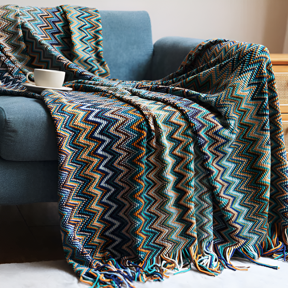 Koc akrylowy z frędzlami 130x170 lub 130x230 cm – dziergany koc boho w zygzak, 3 kolory