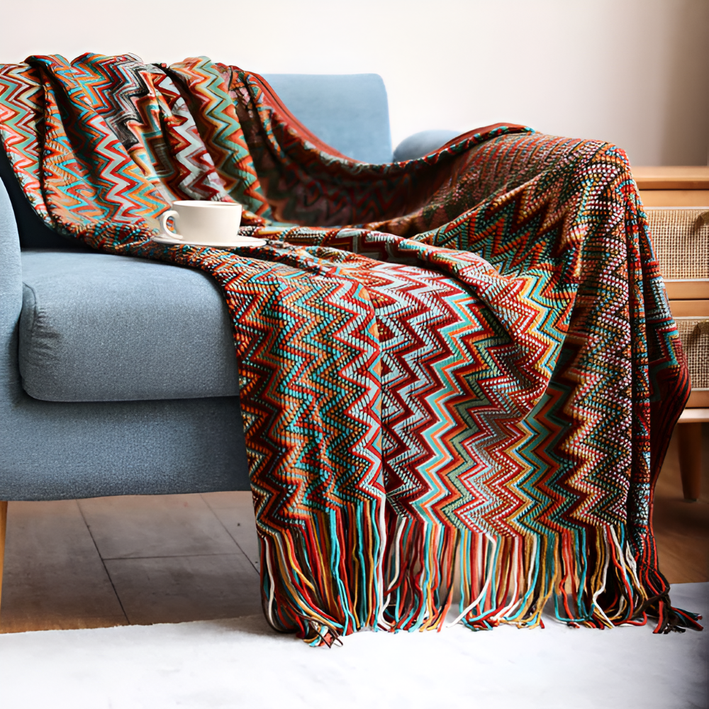 Koc akrylowy z frędzlami 130x170 lub 130x230 cm – dziergany koc boho w zygzak, 3 kolory